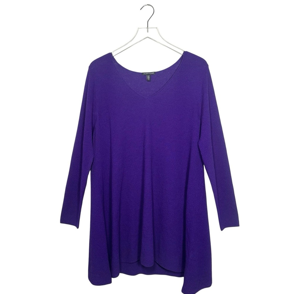 Eileen Fisher Purple Italian Wool Lightweight Knit Tunic Sweater V-Neck Size L - Picture 2 of 11
